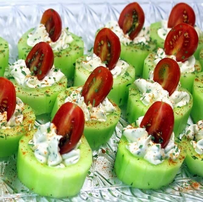 CUCUMBER BITES WITH HERBS CREAM CHEESE AND CHERRY TOMATO